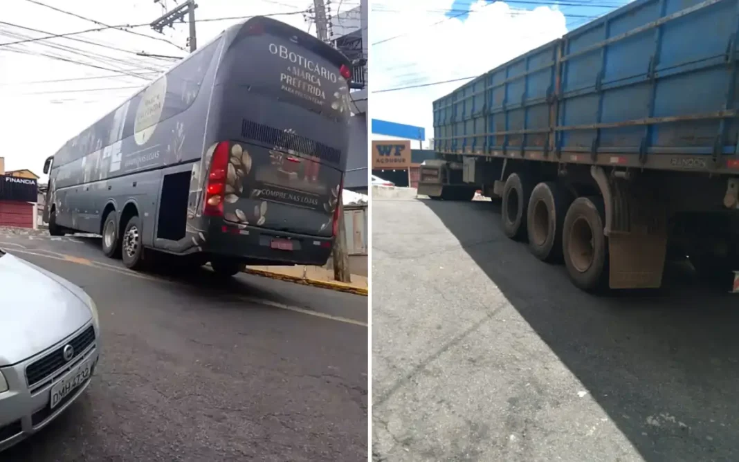 Trânsito é interrompido após ônibus não conseguir subir Rua Tiradentes em Extrema